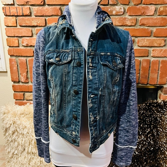 FREE PEOPLE Distressed Sweater Jean Jacket - Picture 10 of 11